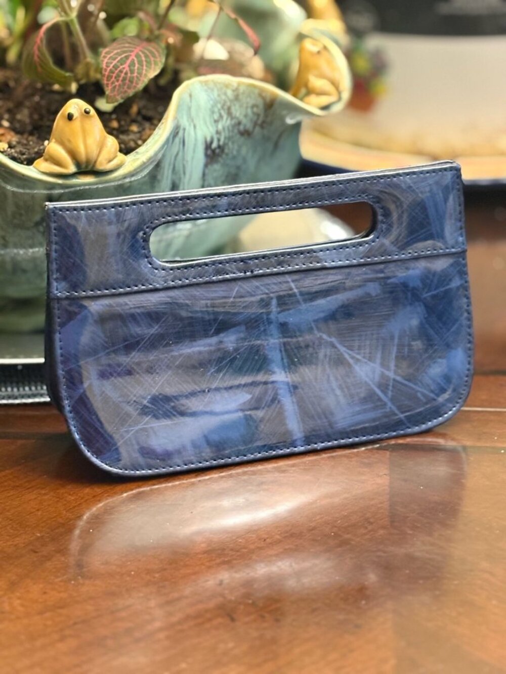 Vintage Blue Abstract Marbled Glossy Handheld Mini Clutch Purse